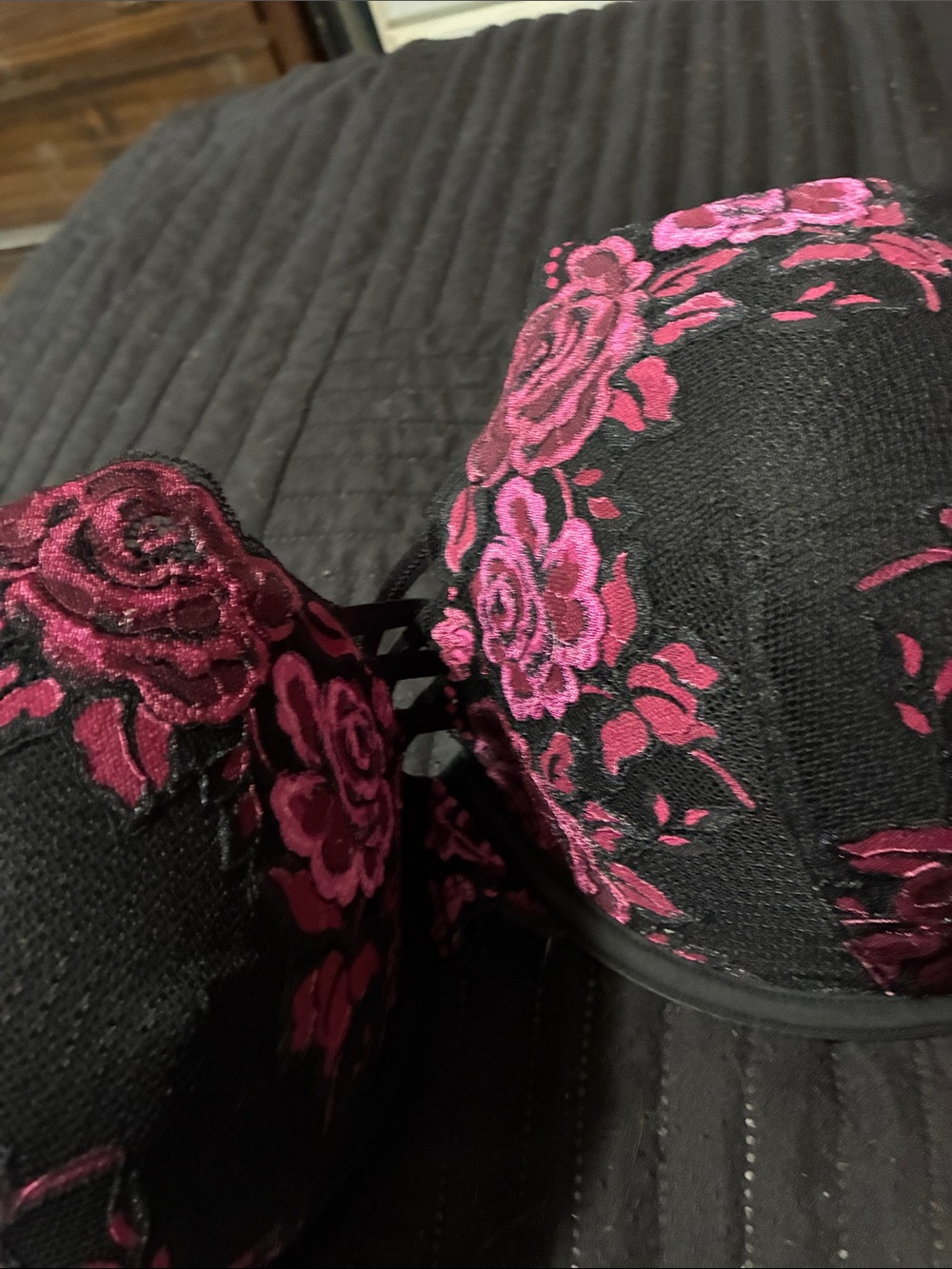 Torrid Black Bra with Pink Floral Lace Overlay